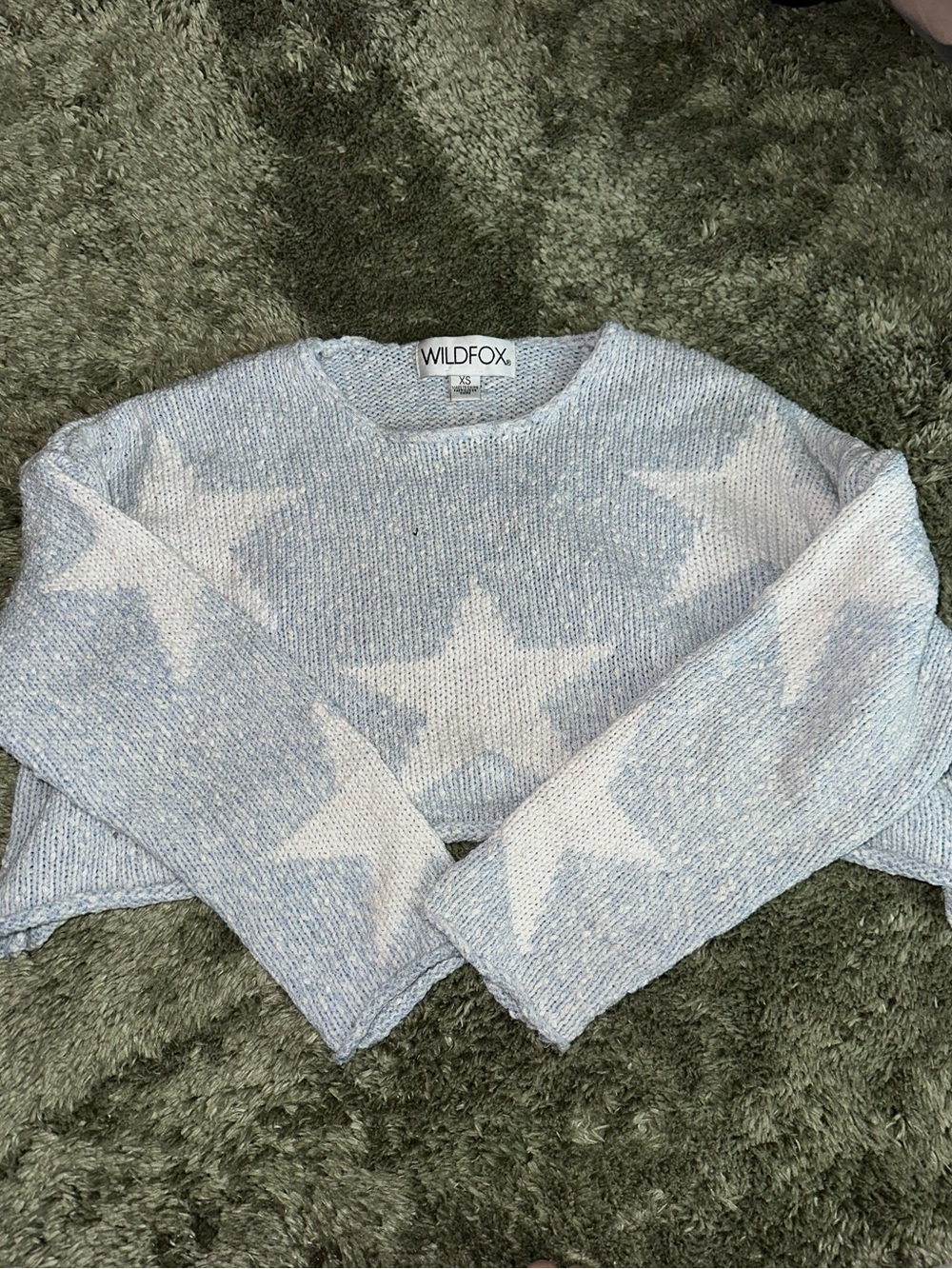 Wildfox Pale Blue & White Star Cropped Crewneck Sweater